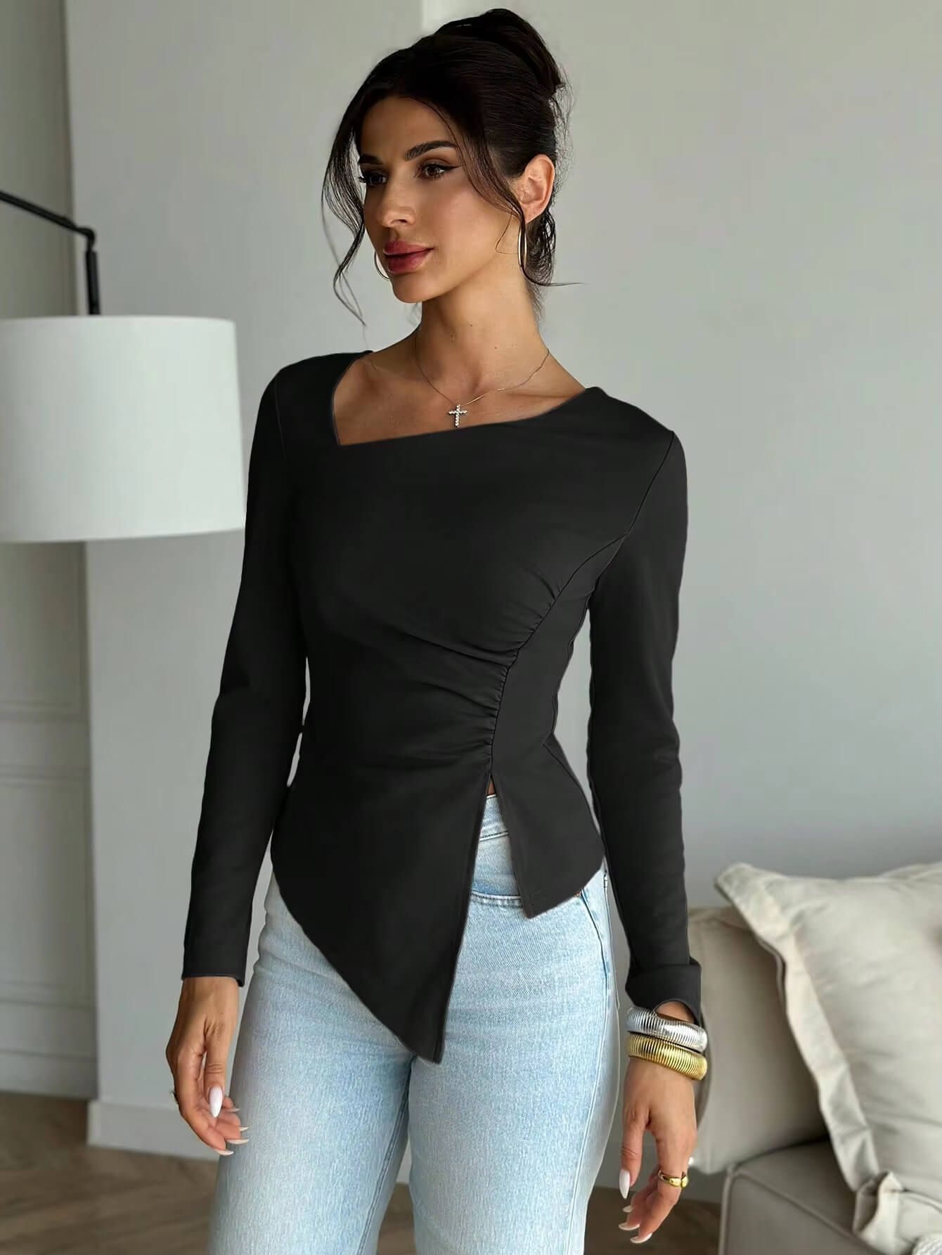 Blusa Elegante Assimétrica Manga Longa