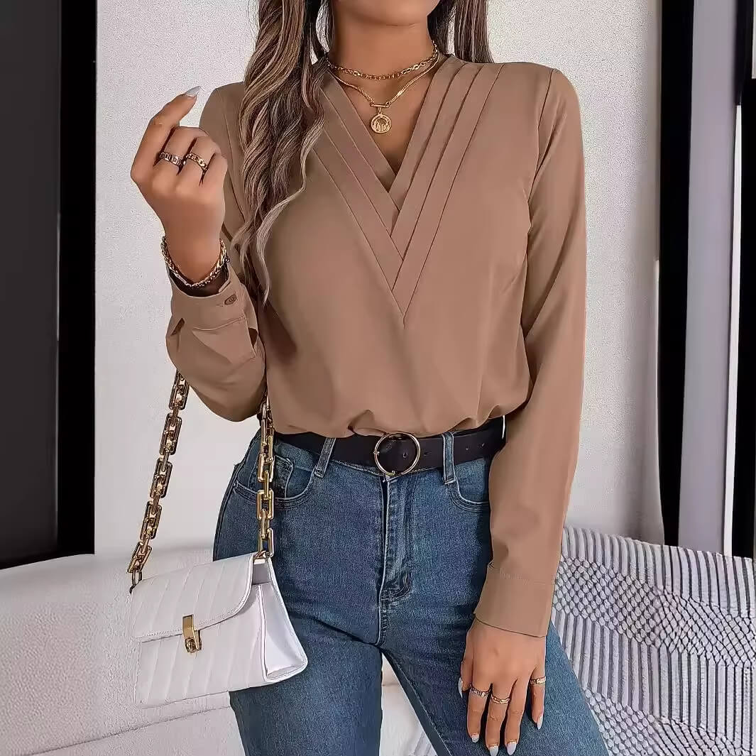 Blusa Feminina Elegante Gola V Manga Longa