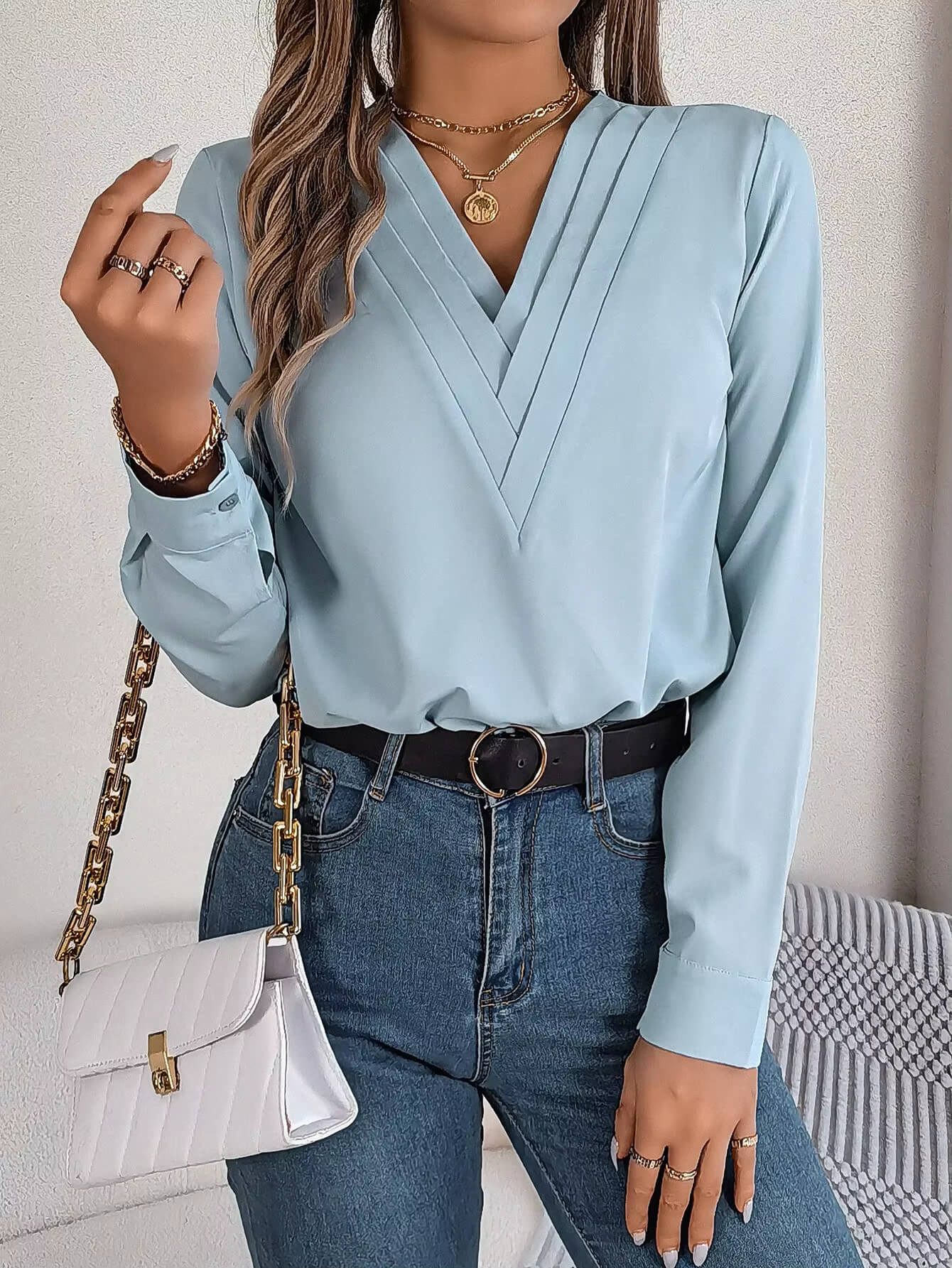 Blusa Feminina Elegante Gola V Manga Longa