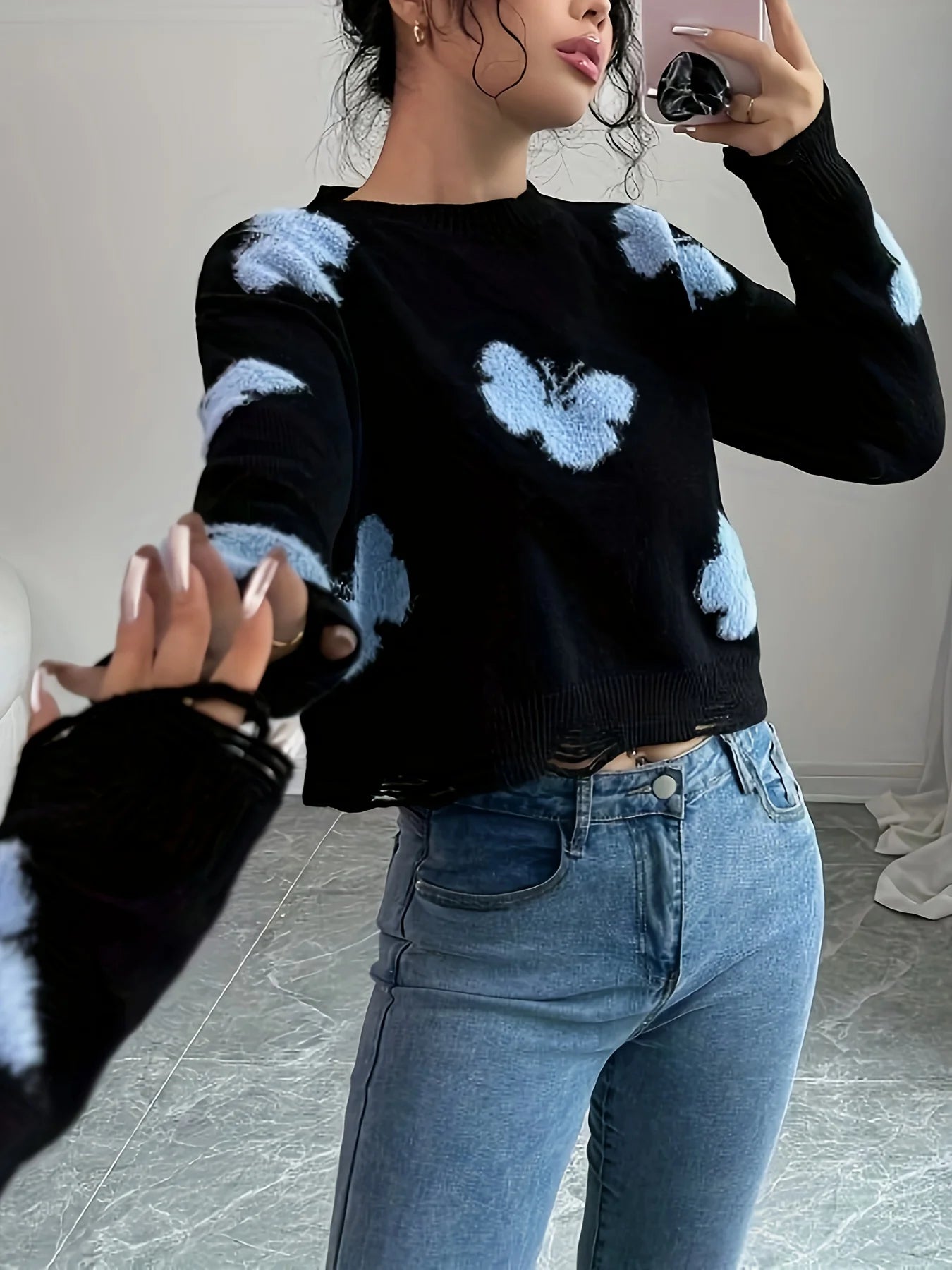 Blusa Feminino Tricô com Bordado de Borboleta