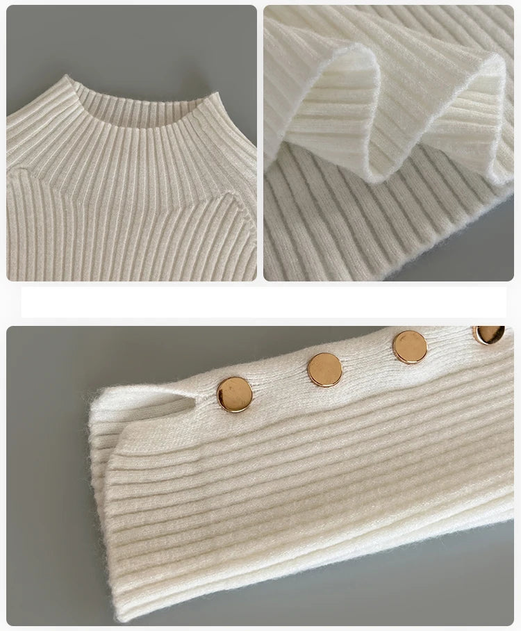 Blusa Tricô Gola Alta com Botões Elegantes