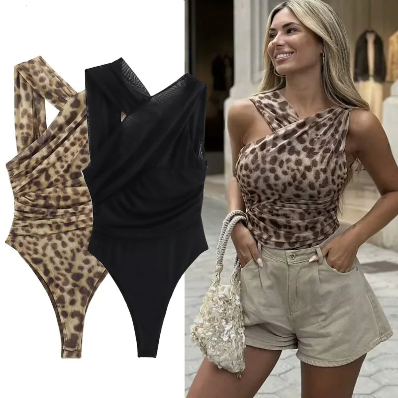 Bodysuit Assimétrico Leopardo em Tule
