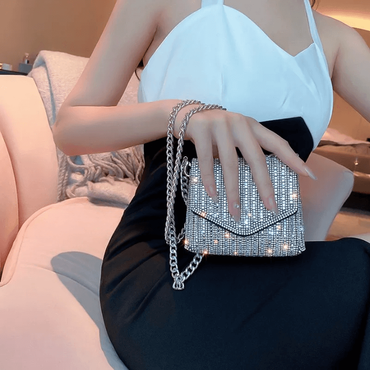 Bolsa Strass Luxo Tiracolo Prata