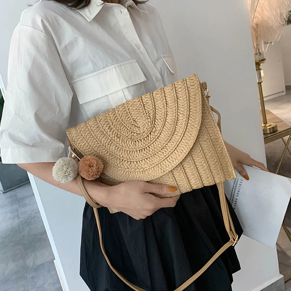 Bolsa de Palha Clutch Elegante Com Alça Bege