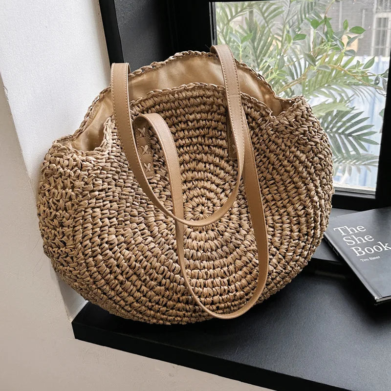 Bolsa de Palha Julia Alça de Couro Oval Grande Bege