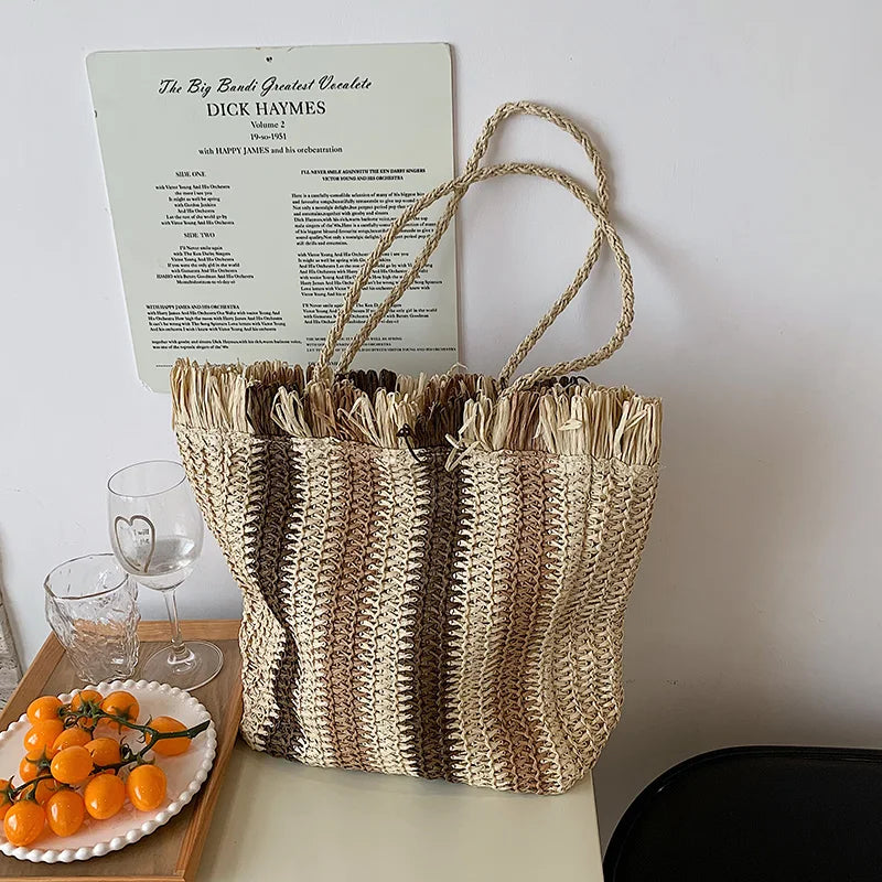 Bolsa de Palha Listrada de Grande Capacidade para Mulheres