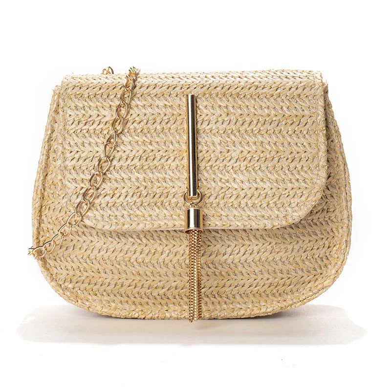 Bolsa de palha Natural com Corrente Dourada e Tassel