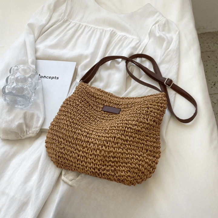 Bolsa de Palha Tiracolo com Alça de Couro