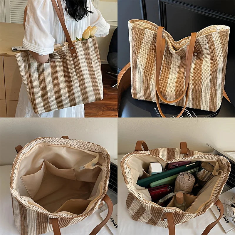 Bolsa de Praia Listrada em Palha