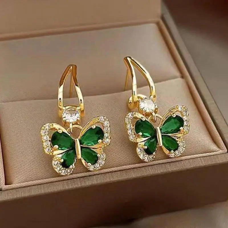 Brincos Luxuosos Borboleta Cristal Verde