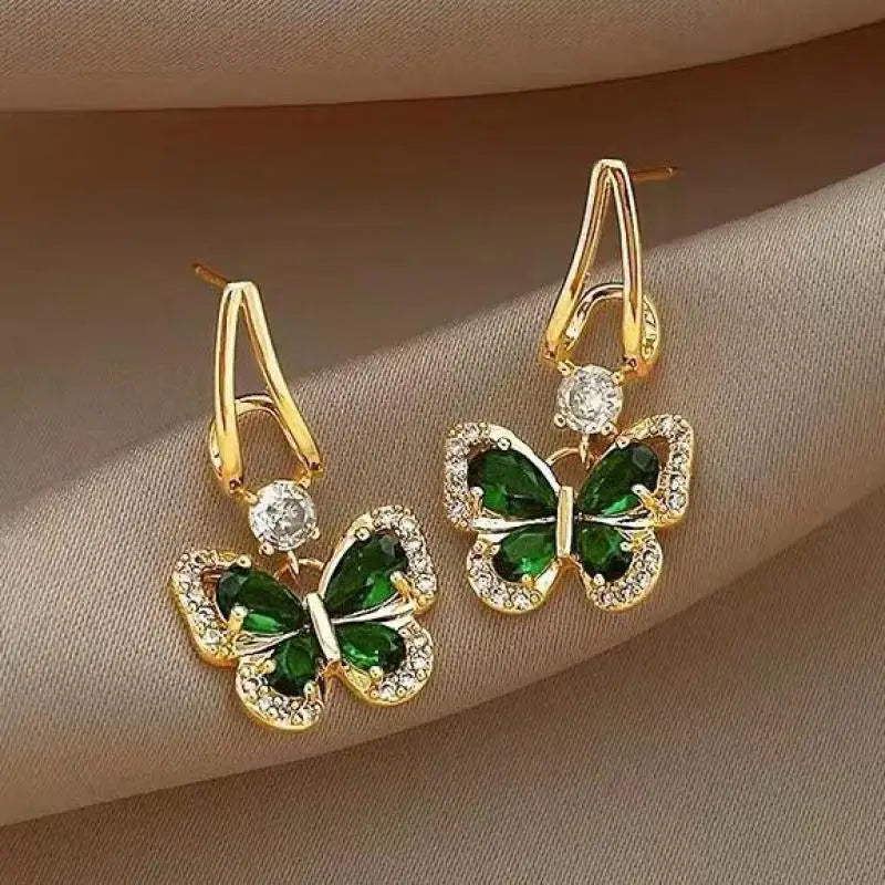 Brincos Luxuosos Borboleta Cristal Verde