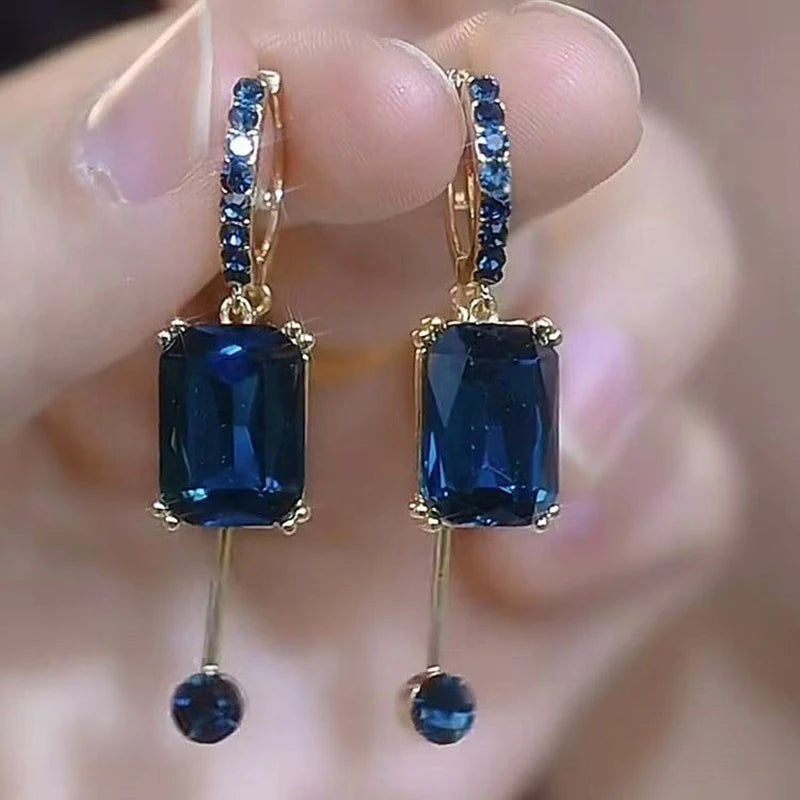 Brincos Luxuosos com Cristal Azul Quadrado