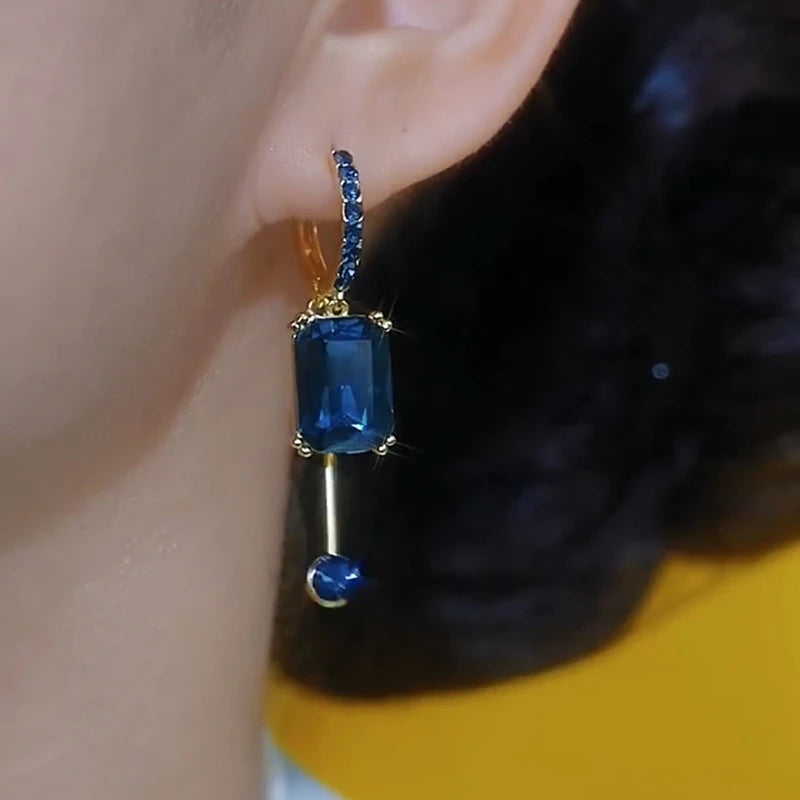 Brincos Luxuosos com Cristal Azul Quadrado