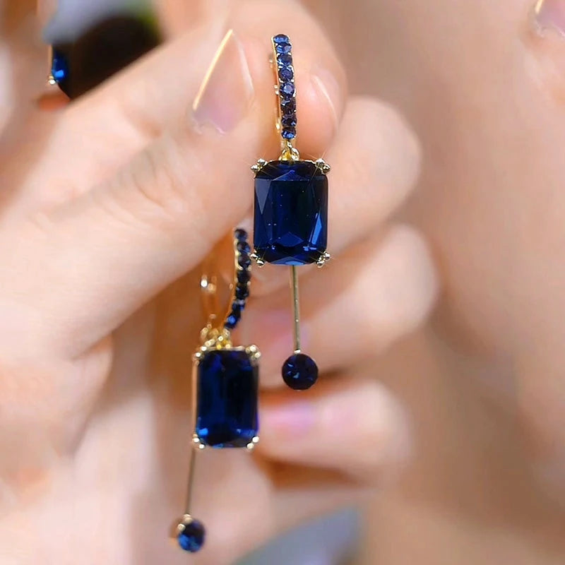 Brincos Luxuosos com Cristal Azul Quadrado