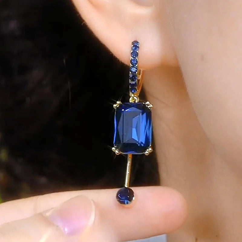 Brincos Luxuosos com Cristal Azul Quadrado