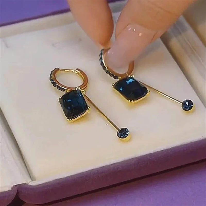 Brincos Luxuosos com Cristal Azul Quadrado