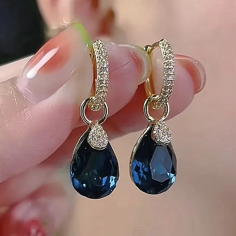 Brincos Pingentes de Cristal Azul Elegantes