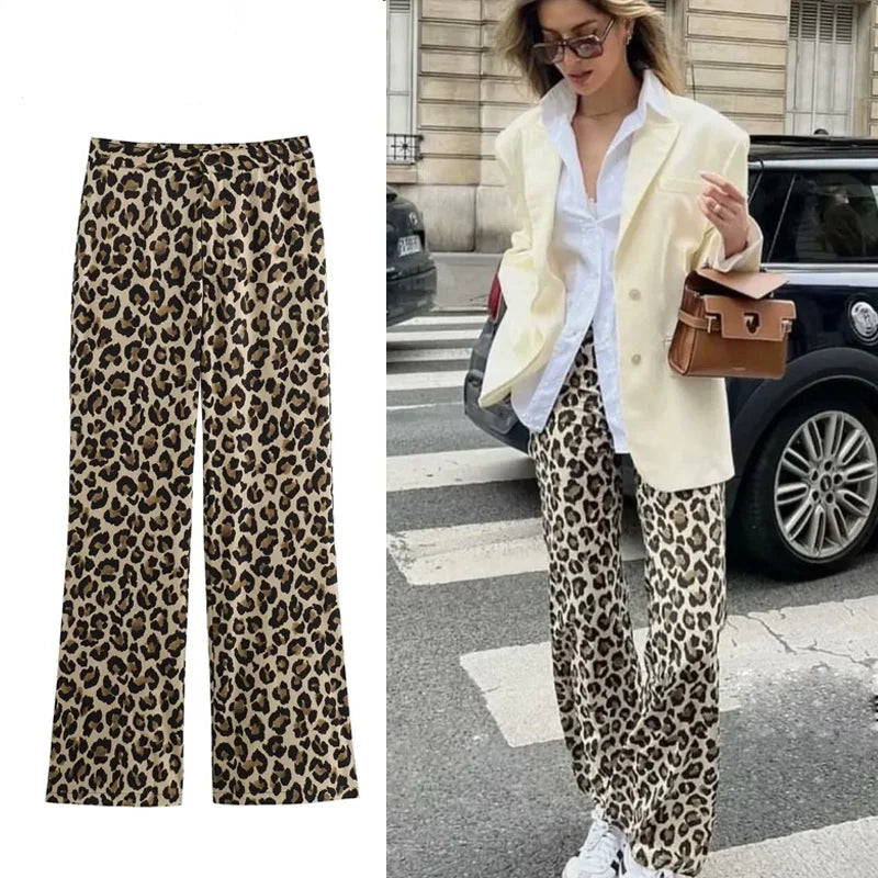 Calças Femininas Estampa Leopardo Cintura Alta