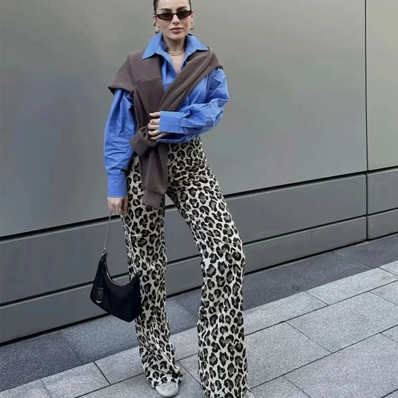 Calças Femininas Estampa Leopardo Cintura Alta