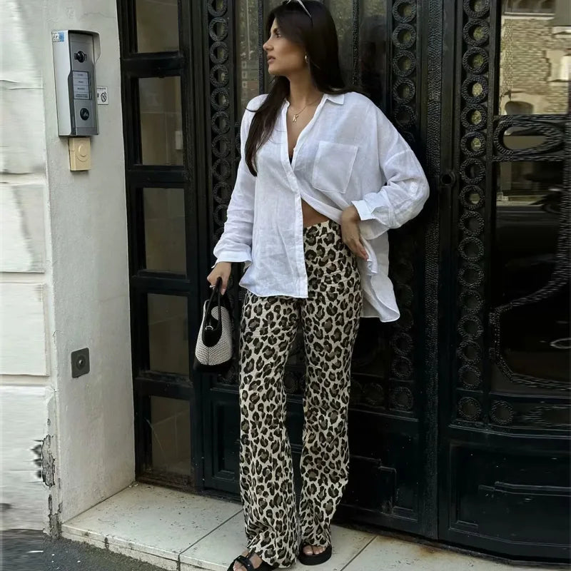Calças Femininas Estampa Leopardo Cintura Alta