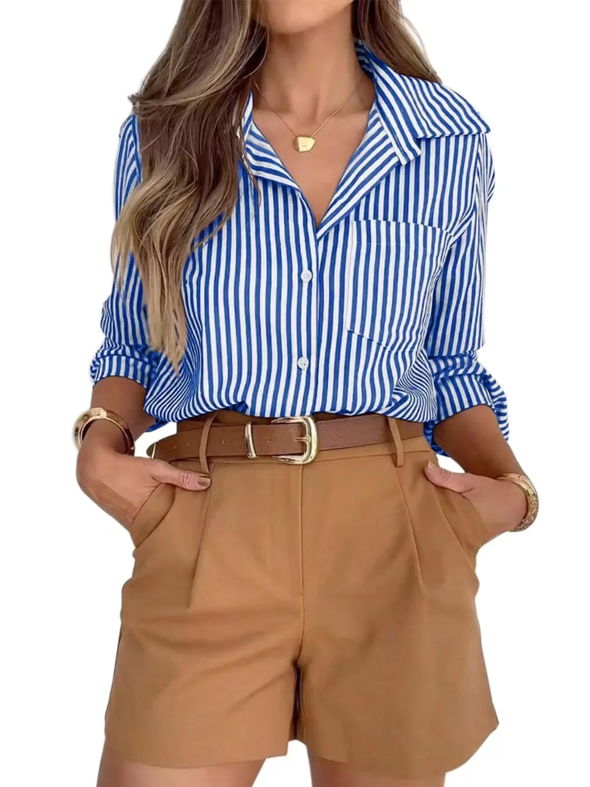 Camisa Feminina Listrada Slim Fit Elegante