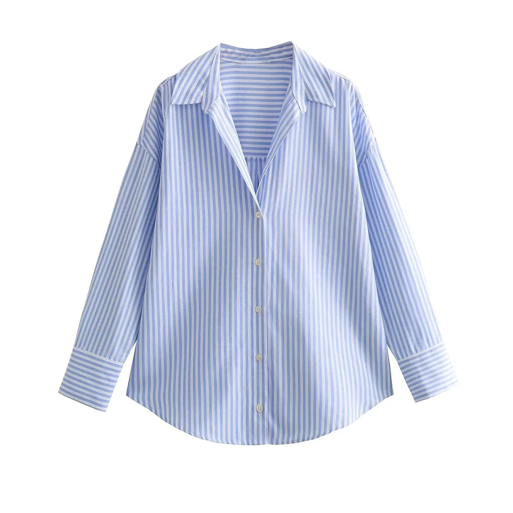 Camisa Femininas Assimétricas Manga Longa Listras