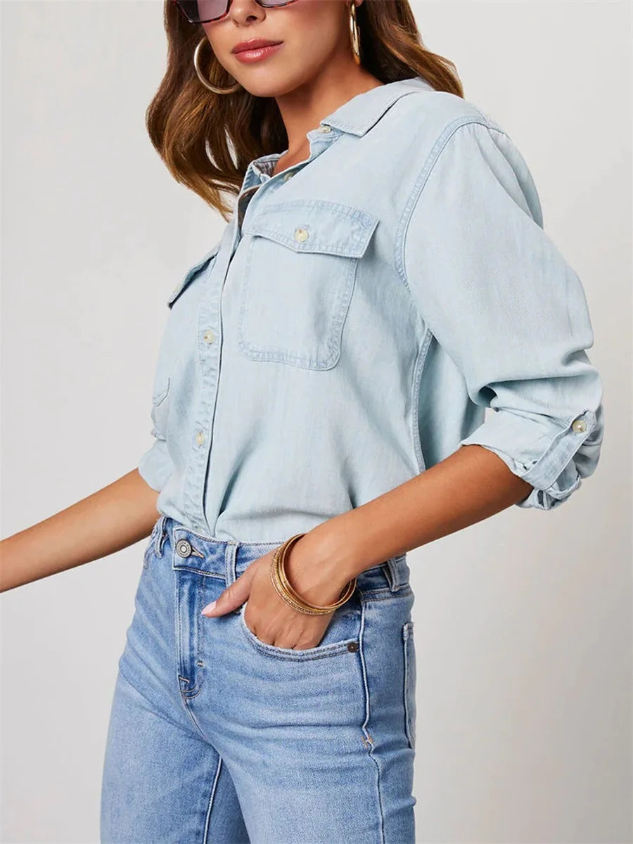 Camisa Jeans Feminina Casual Manga Longa