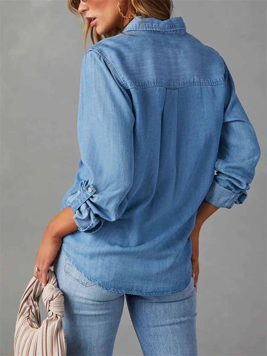 Camisa Jeans Feminina Casual Manga Longa