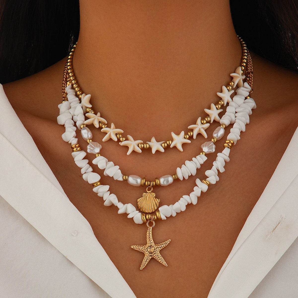 Colar Boho Estrela do Mar e Concha 3 Peças