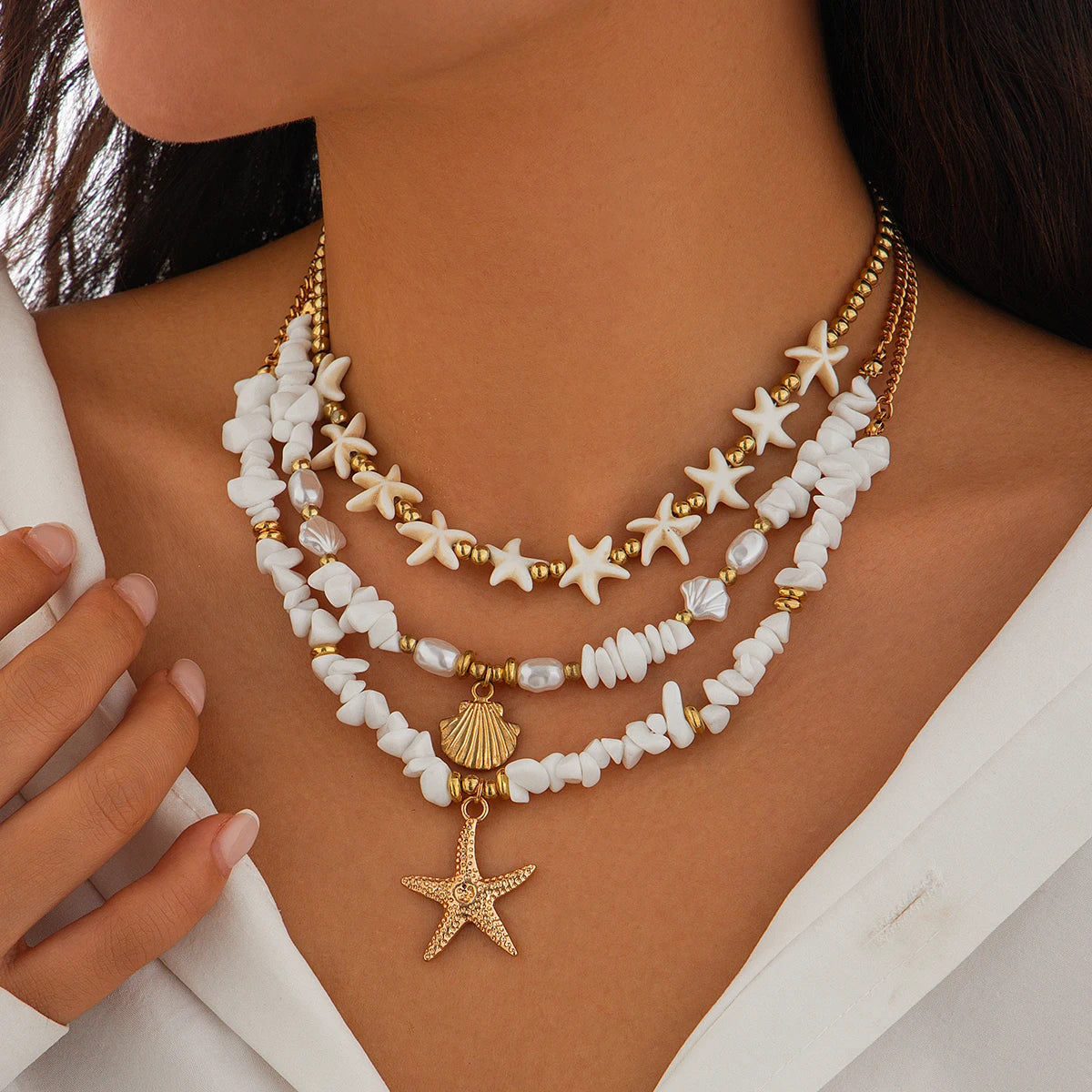 Colar Boho Estrela do Mar e Concha 3 Peças