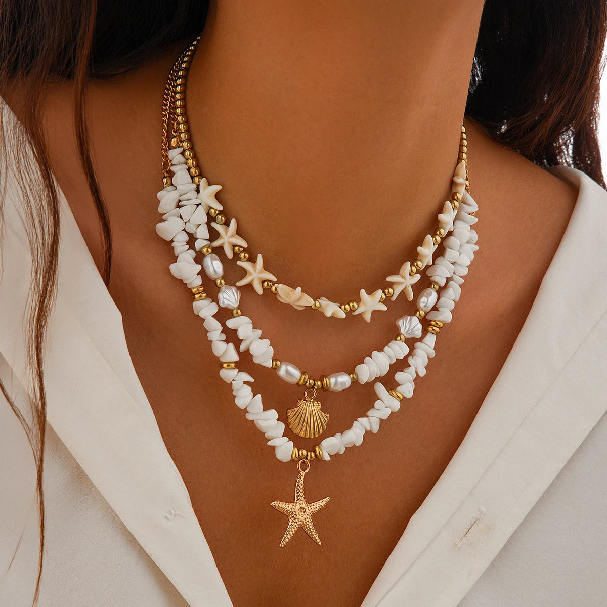Colar Boho Estrela do Mar e Concha 3 Peças