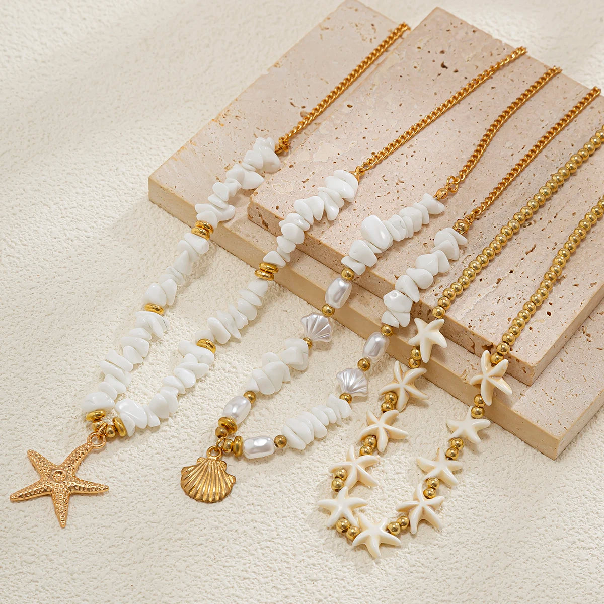 Colar Boho Estrela do Mar e Concha 3 Peças