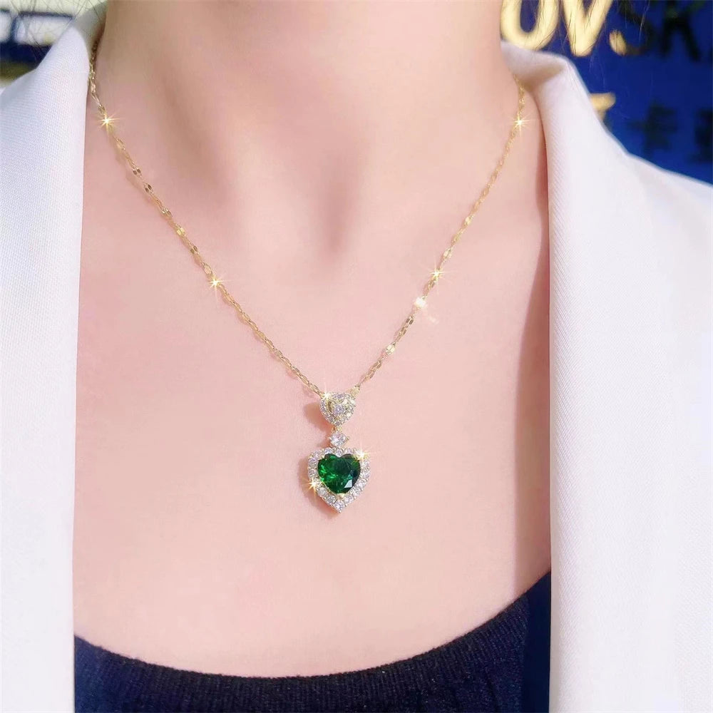 Colar e Brinco Coração Pedra Verde com Cristal