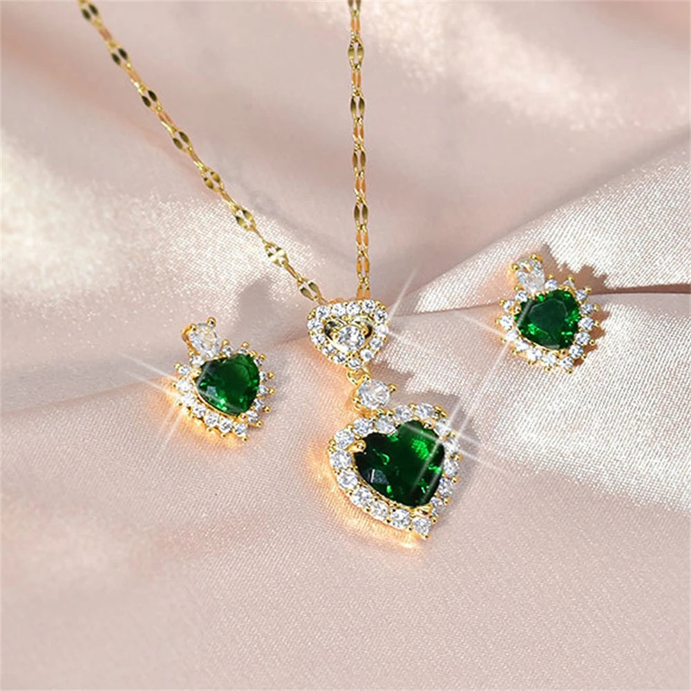 Colar e Brinco Coração Pedra Verde com Cristal