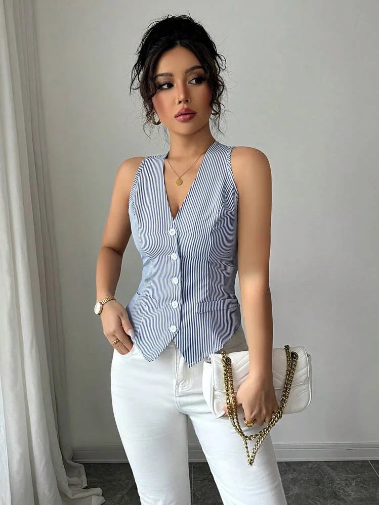 Colete Cardigan Listrado Sem Mangas de Verão