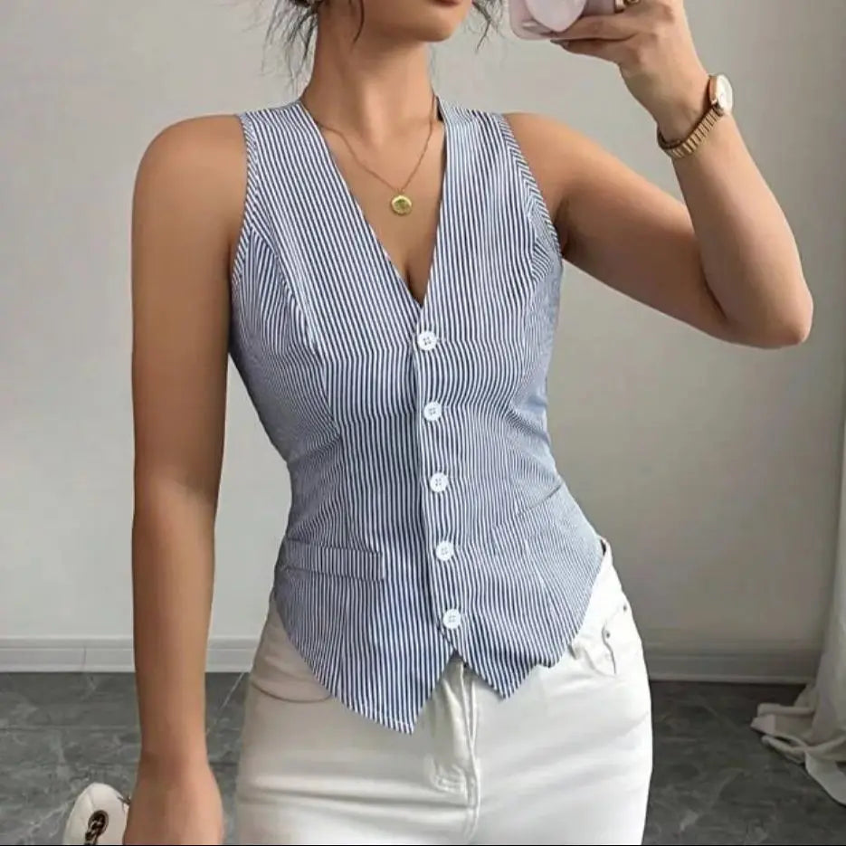 Colete Cardigan Listrado Sem Mangas de Verão