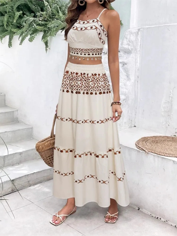 Conjunto Boho com Toper sem Mangas e Saia Alta
