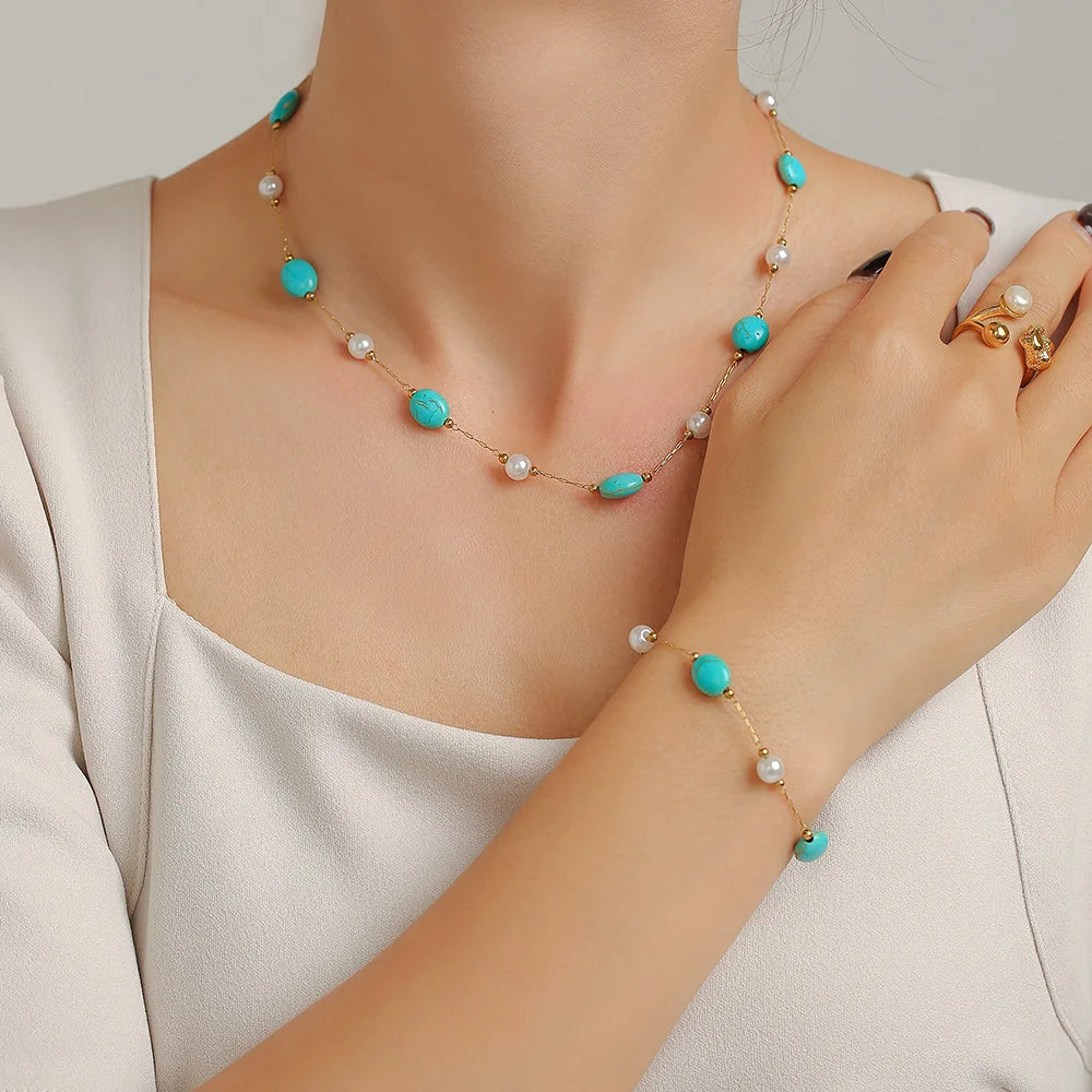Conjunto Colar e Pulseira de Turquesa e Pérolas