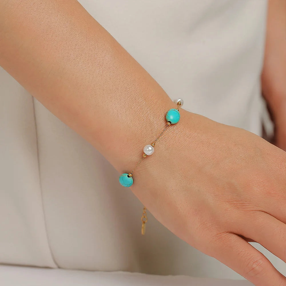 Conjunto Colar e Pulseira de Turquesa e Pérolas