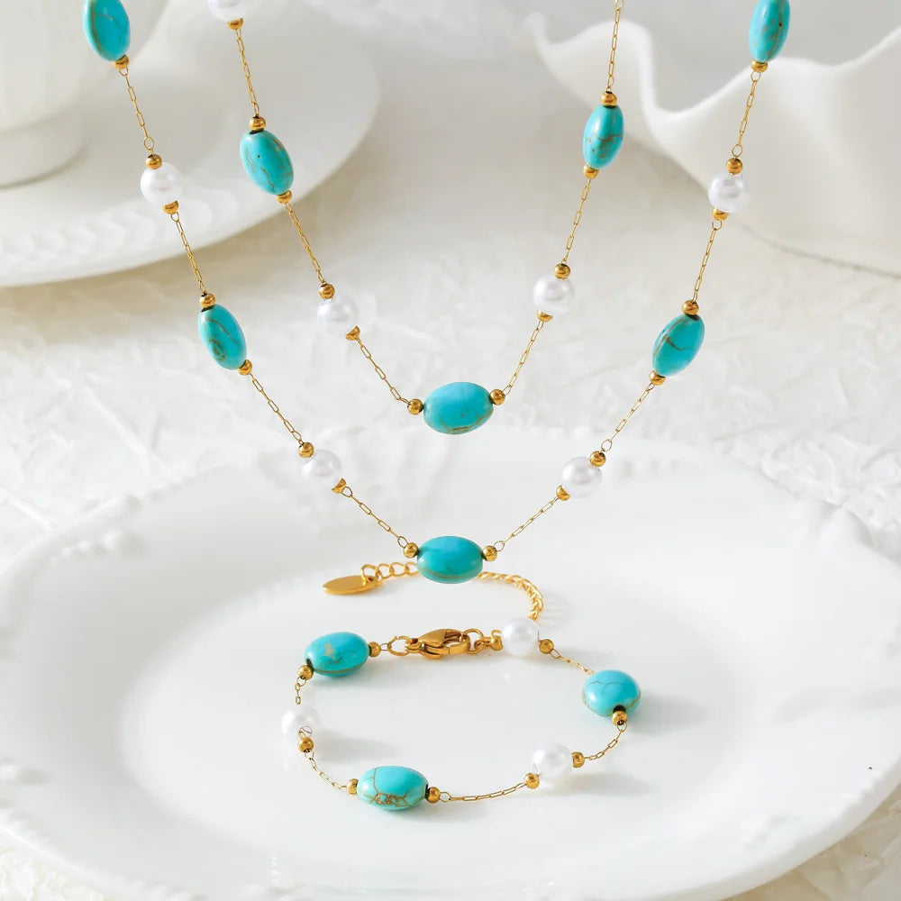 Conjunto Colar e Pulseira de Turquesa e Pérolas