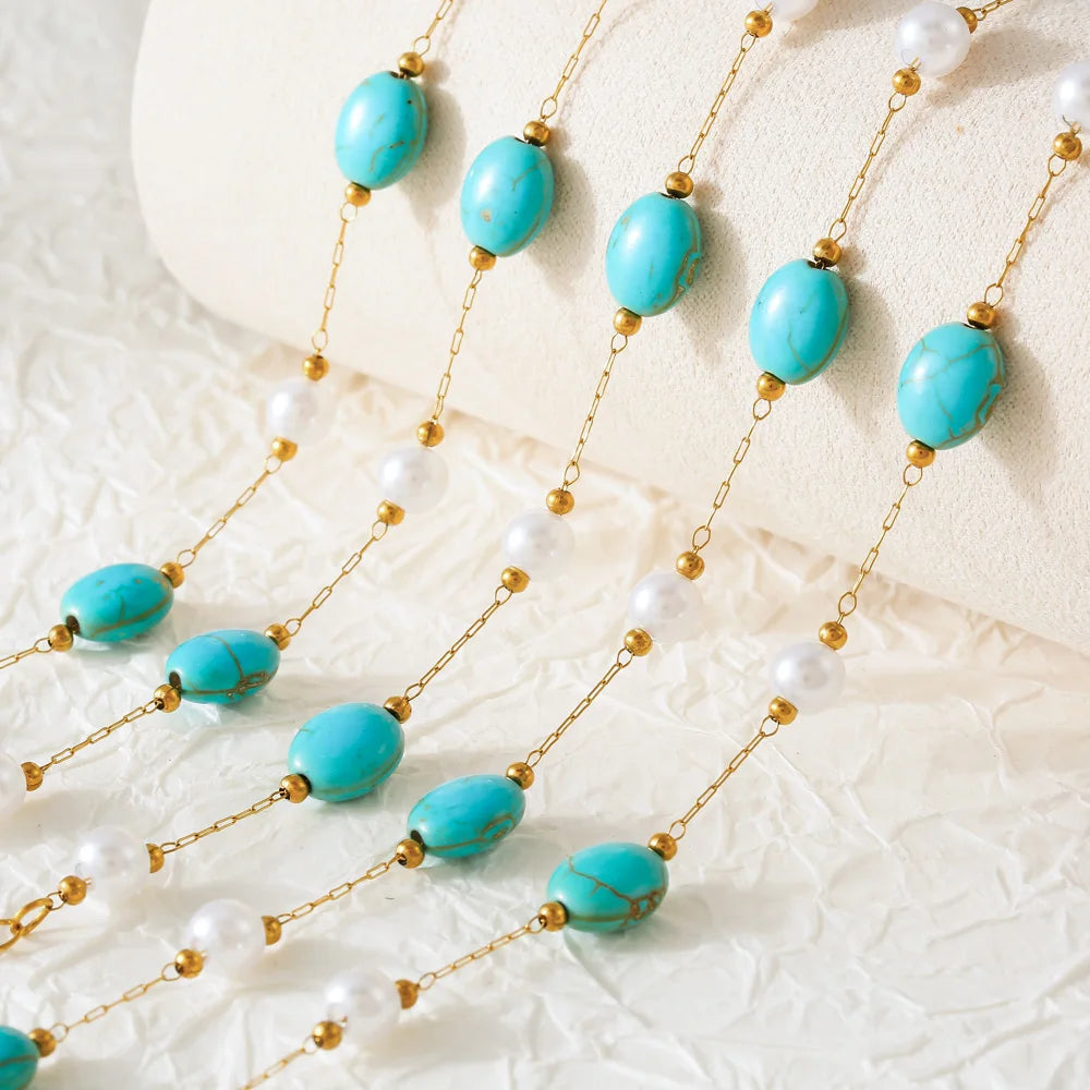 Conjunto Colar e Pulseira de Turquesa e Pérolas