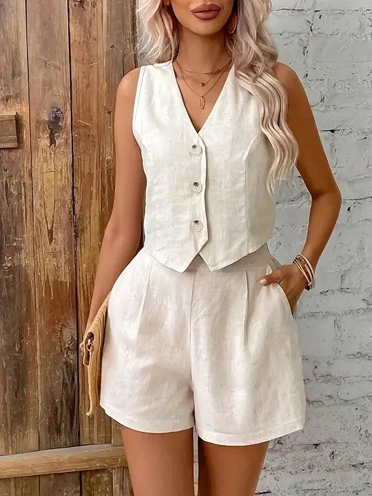 Conjunto Feminino Casual de Linho com Decote em V