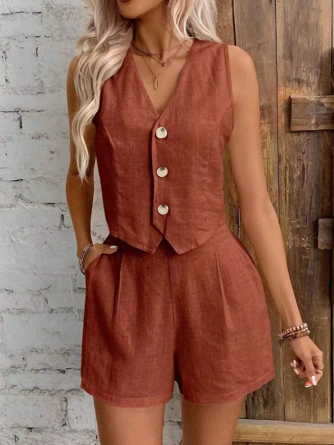Conjunto Feminino Casual de Linho com Decote em V