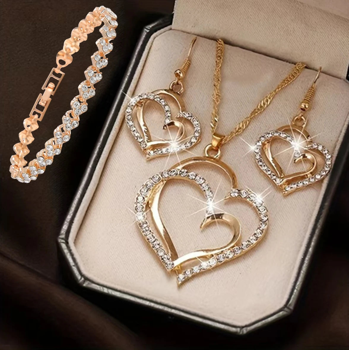 Conjunto de Joias Coração Duplo com Strass