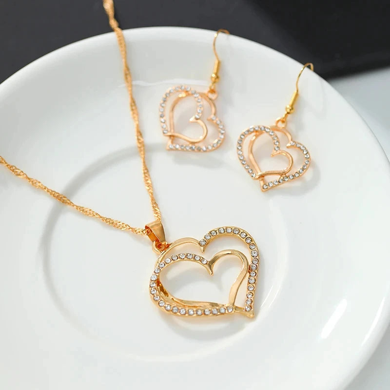 Conjunto de Joias Coração Duplo com Strass