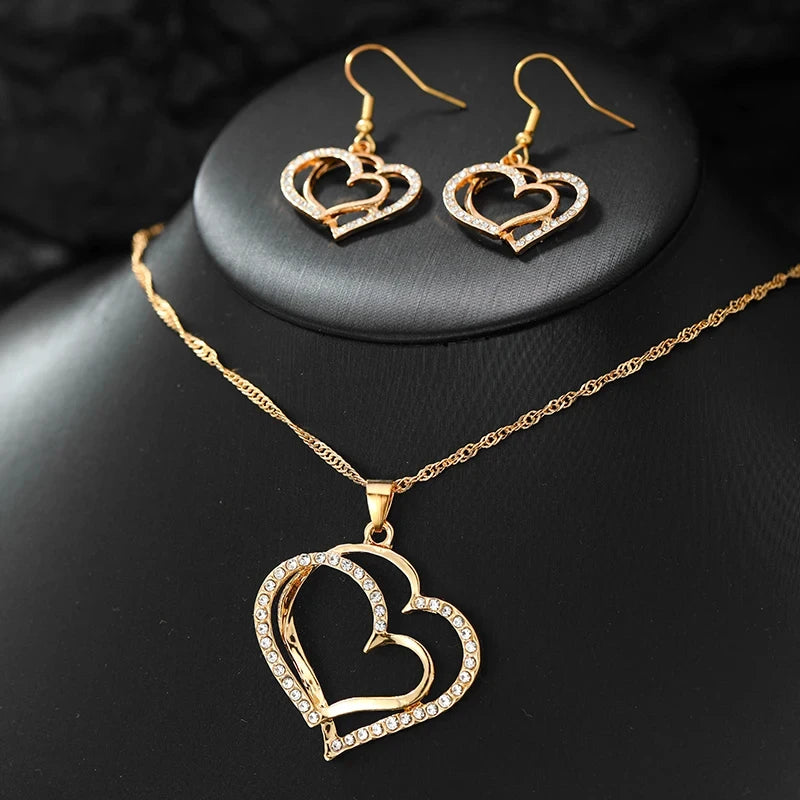 Conjunto de Joias Coração Duplo com Strass