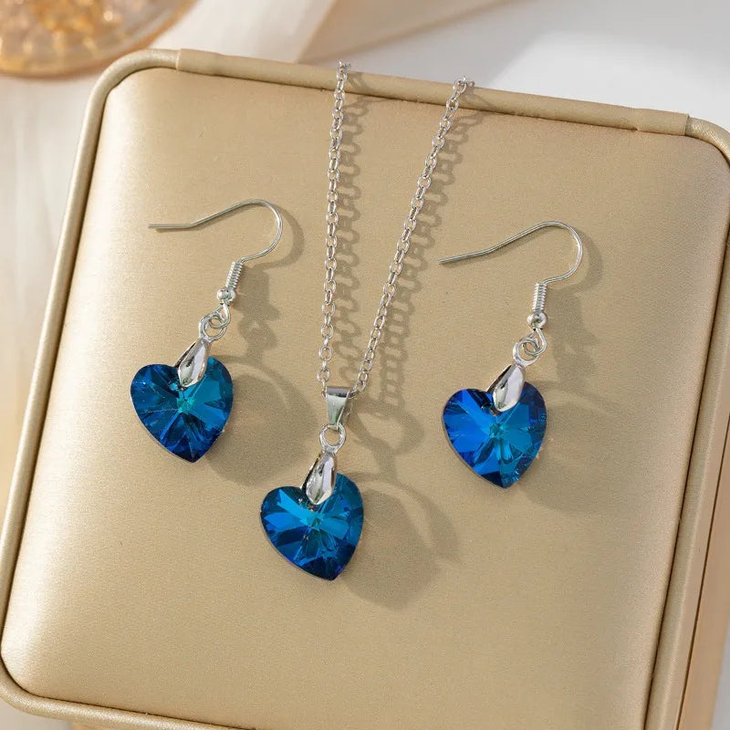 Conjunto de Joias Coração com Cristais Azul