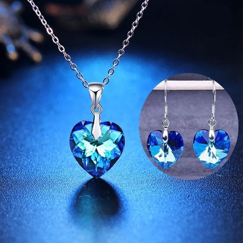 Conjunto de Joias Coração com Cristais Azul