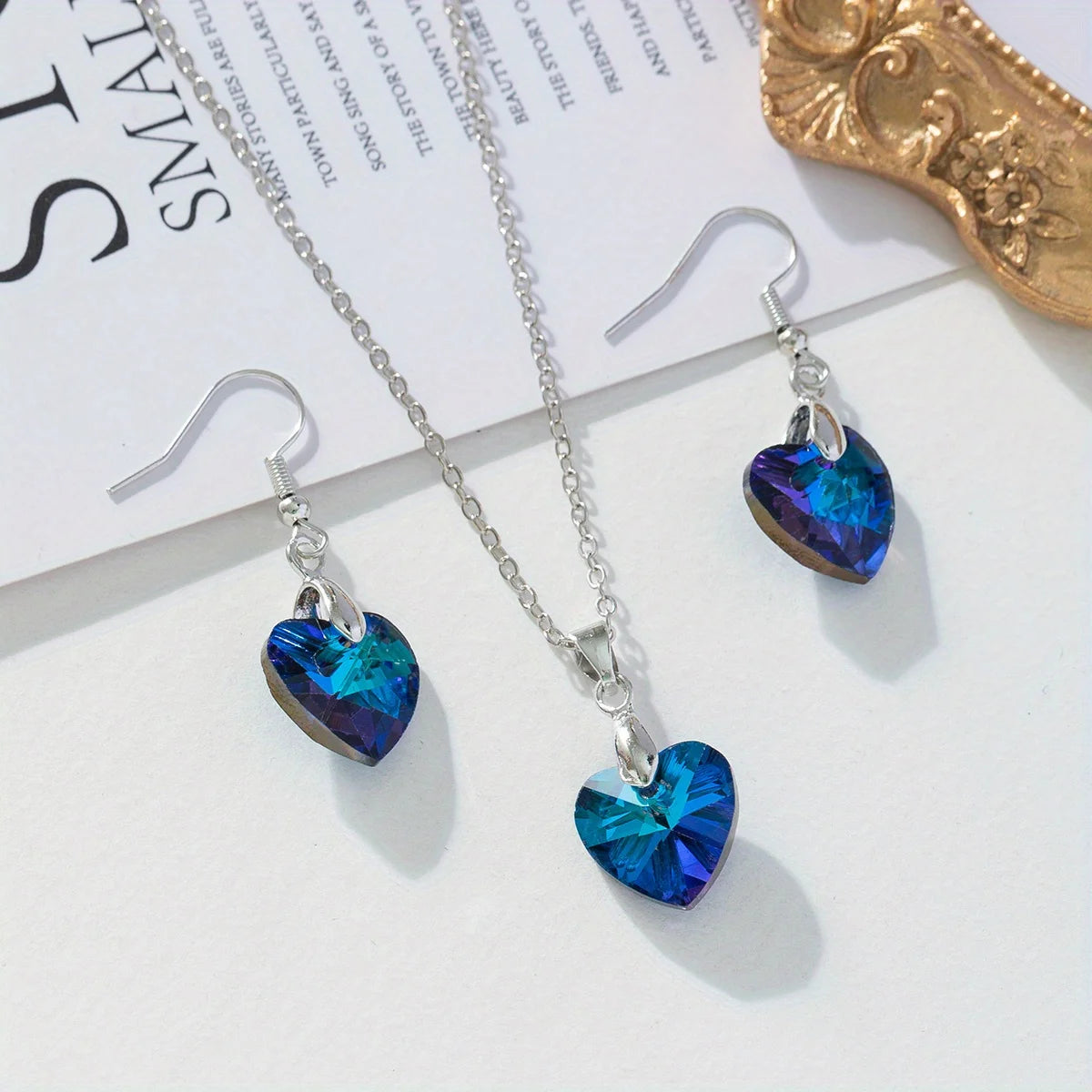 Conjunto de Joias Coração com Cristais Azul