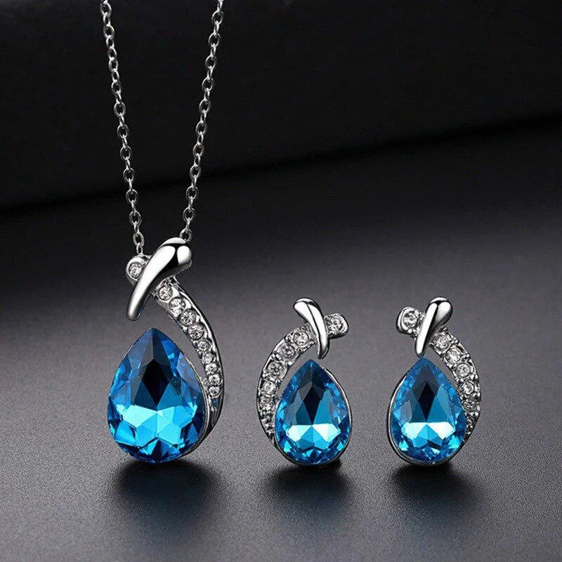 Conjunto de Joias Femininas com Gotas de Água Azul